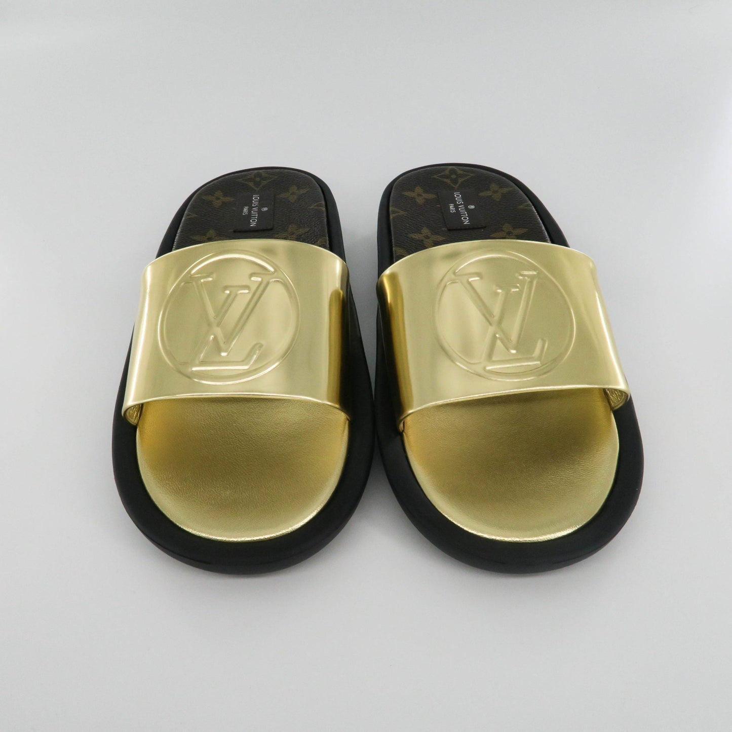 Louis-Vuitton Women's Gold and Canvas Slides