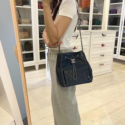 Chanel Drawstring Bucket Bag in Blue Distressed Calfskin and SHW