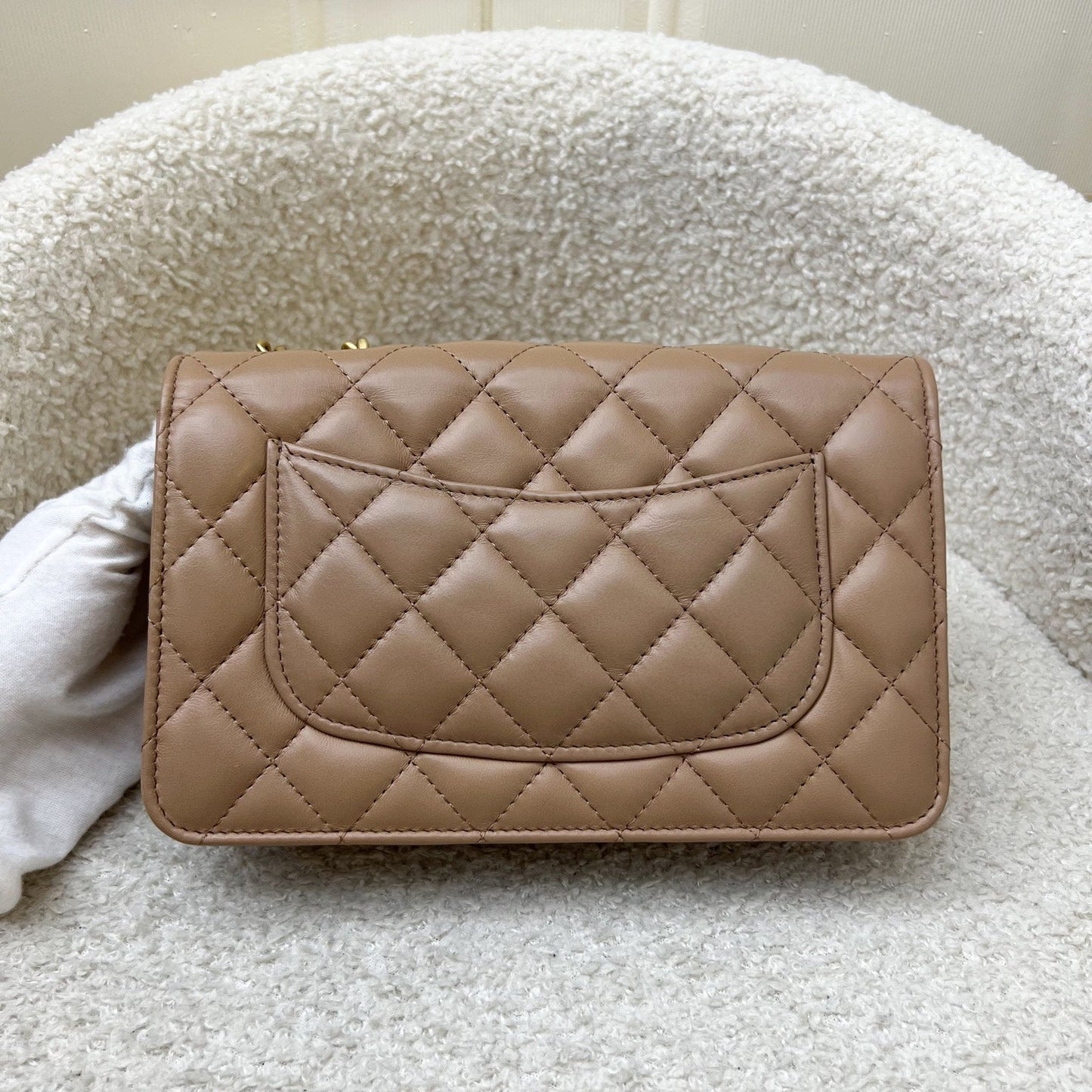 Chanel 22K Wallet on Chain WOC with Adjustable Chain in Dark Beige Lambskin and AGHW (Model: AP3043)