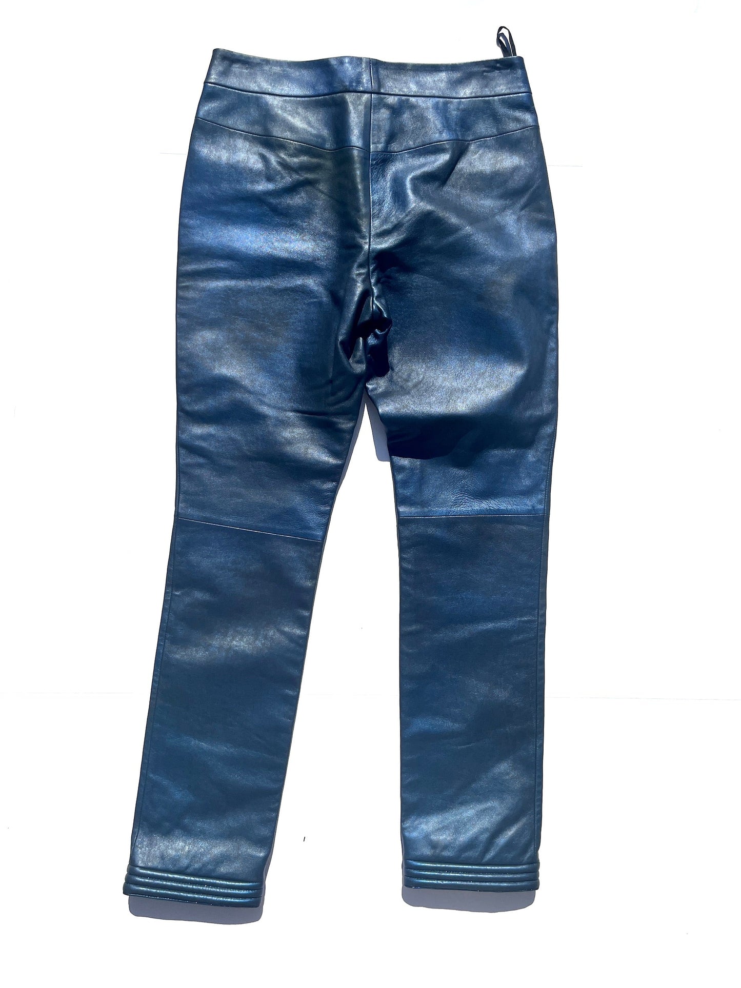 CHANEL Navy Blue Leather Straight Leg Pants 36 2