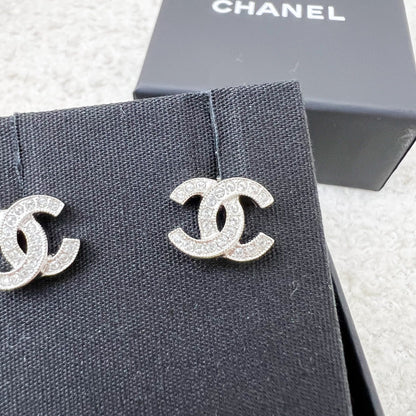 Chanel Classic CC Logo Small Earrings with Crystals in SHW (Model: ABE100)