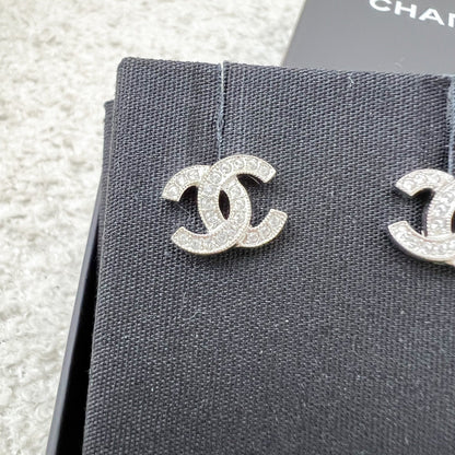 Chanel Classic CC Logo Small Earrings with Crystals in SHW (Model: ABE100)