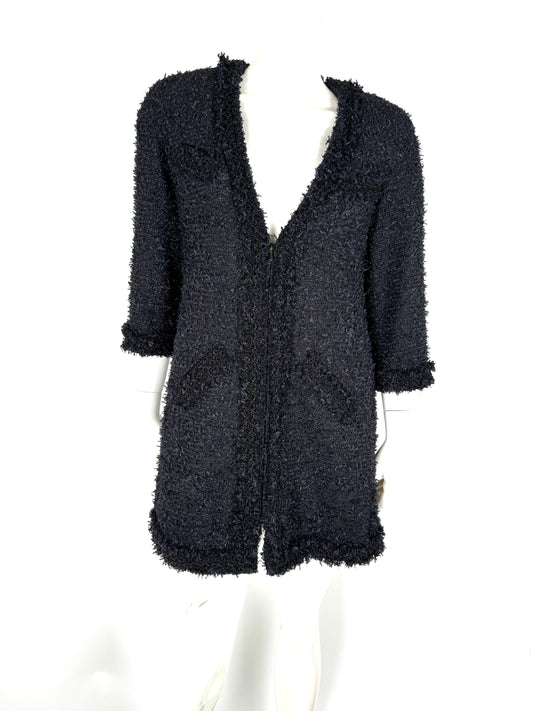 CHANEL Black Sparkly Tweed Zip 3/4 Sleeve V Neck Long Coat Jacket 40 6