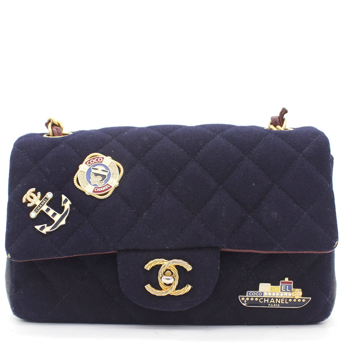 Felt Quilted Paris-Hamburg Charms Mini Rectangular Flap Dark Navy