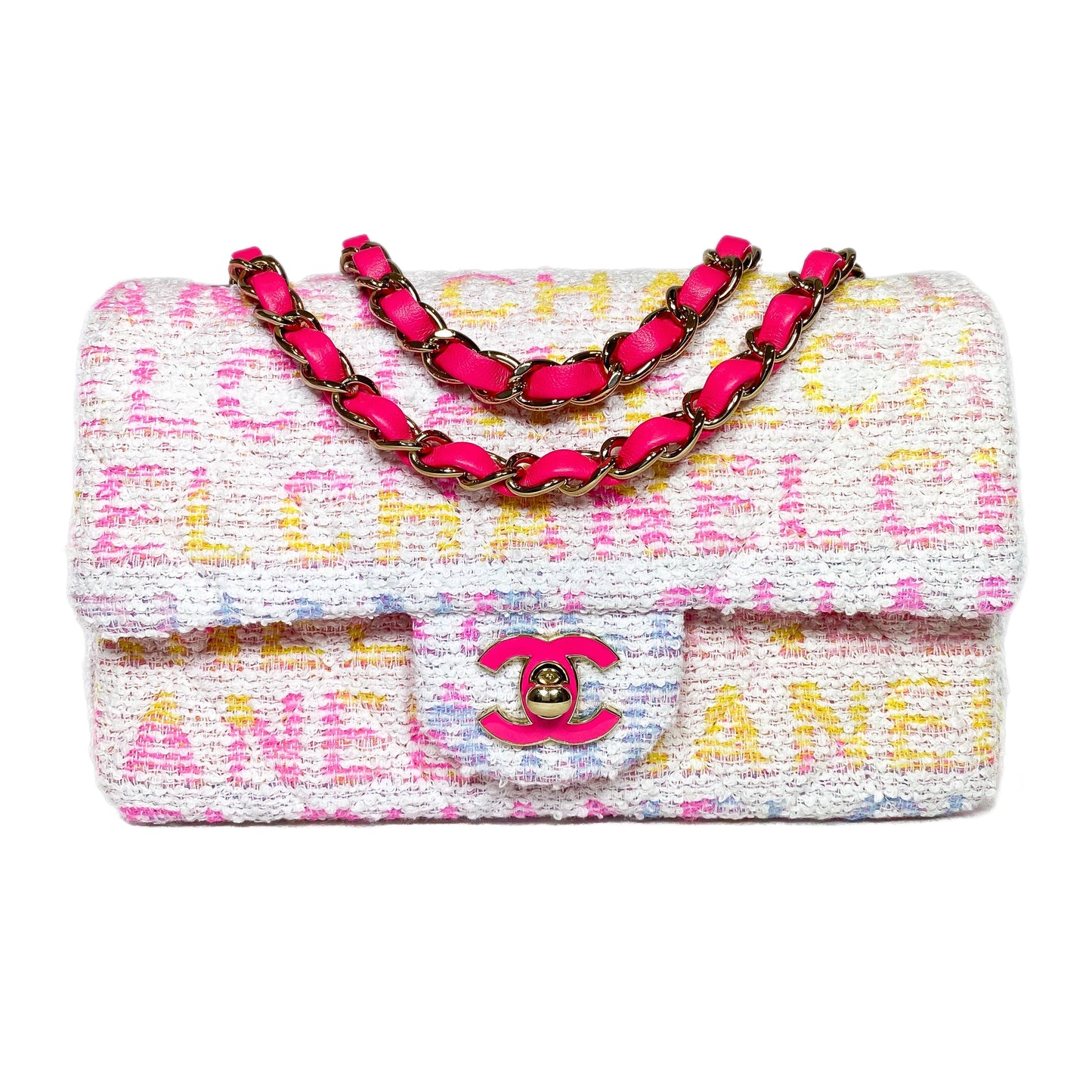 Chanel Quilted Pink Multicolor Tweed Mini Rectangular Flap Bag