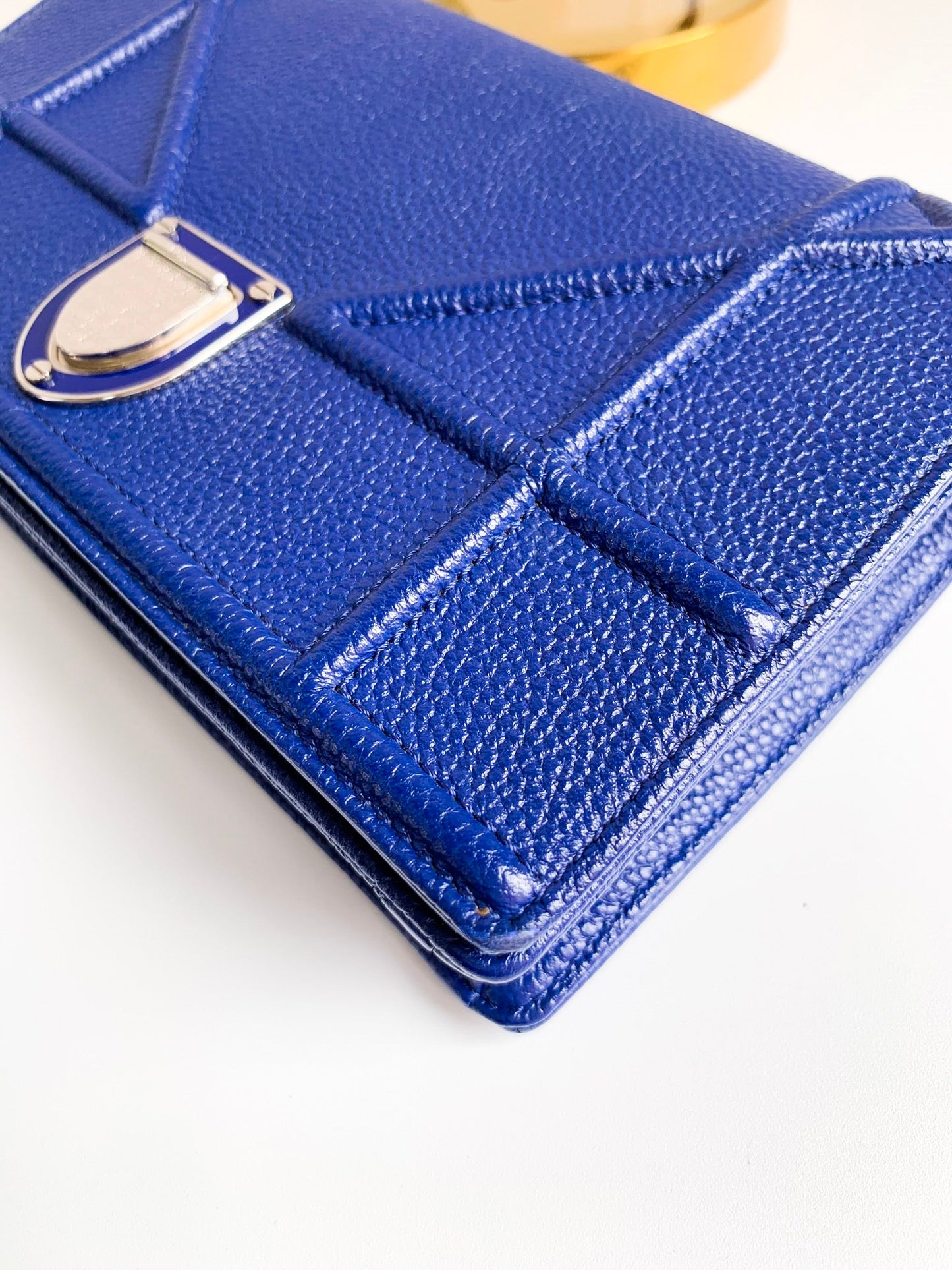 Dior Wallet on Chain Blue Grained Leather