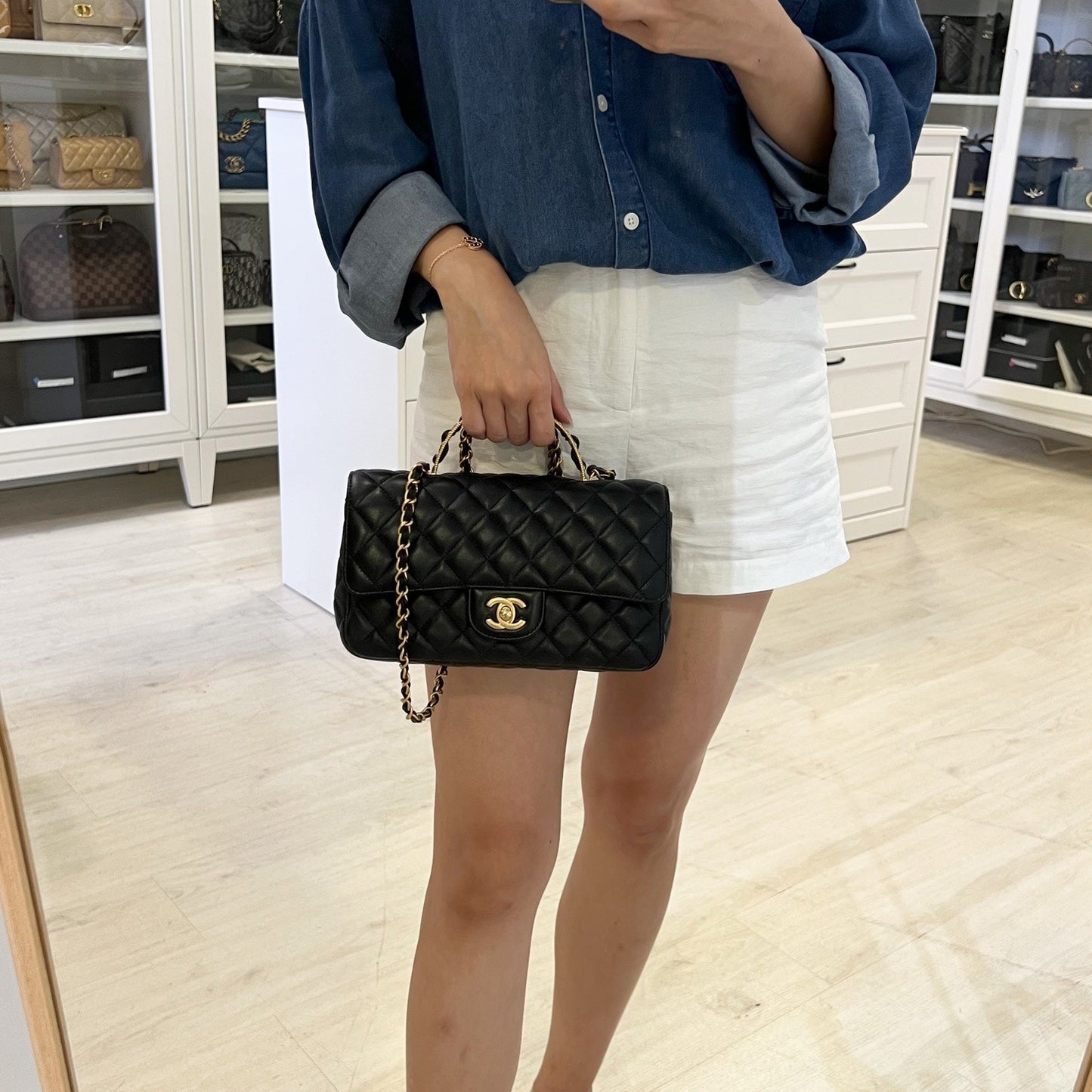 Chanel 23K Small Flap with Top Handle in Black Lambskin and AGHW (Model: AS4408)