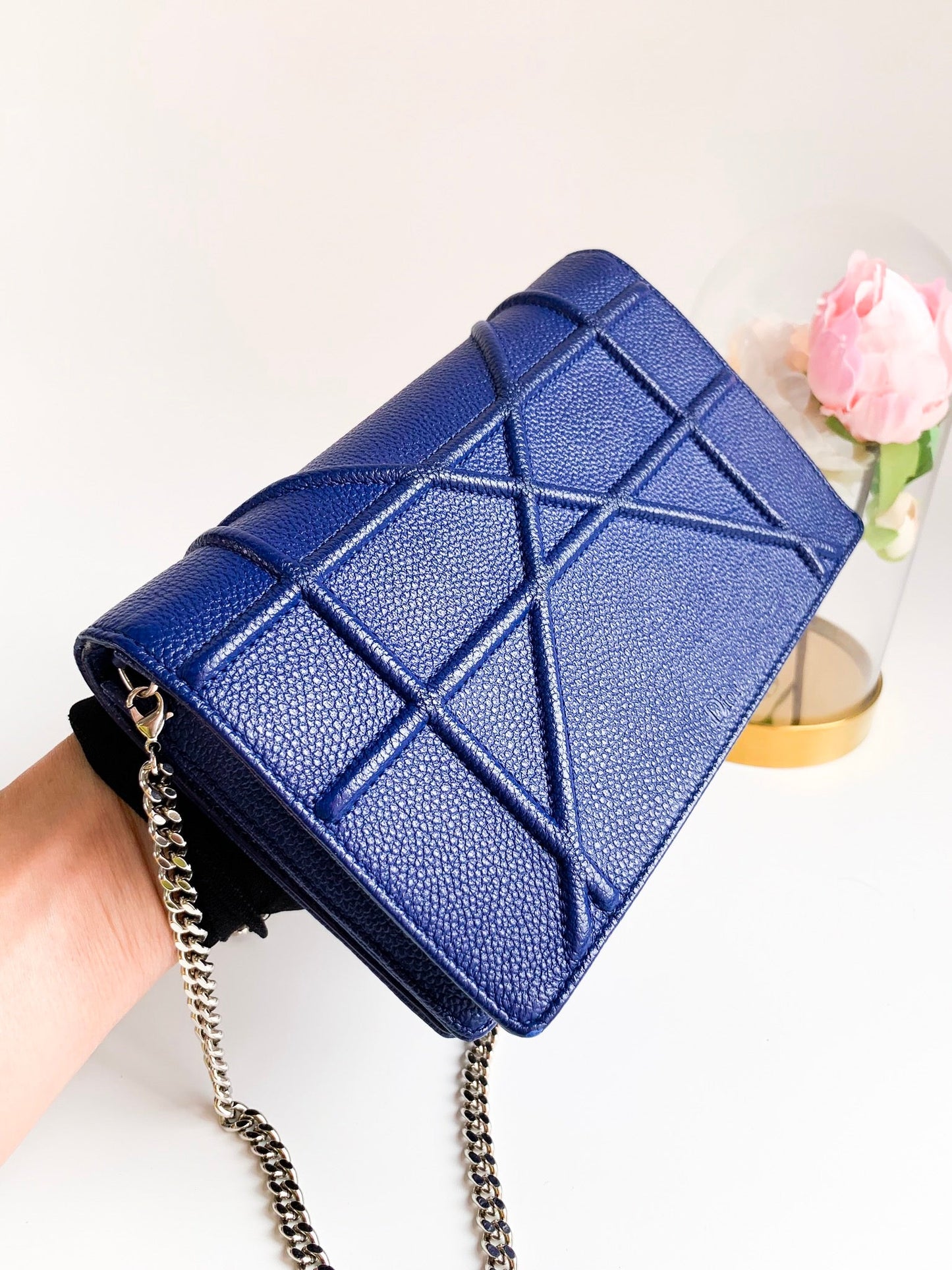 Dior Wallet on Chain Blue Grained Leather