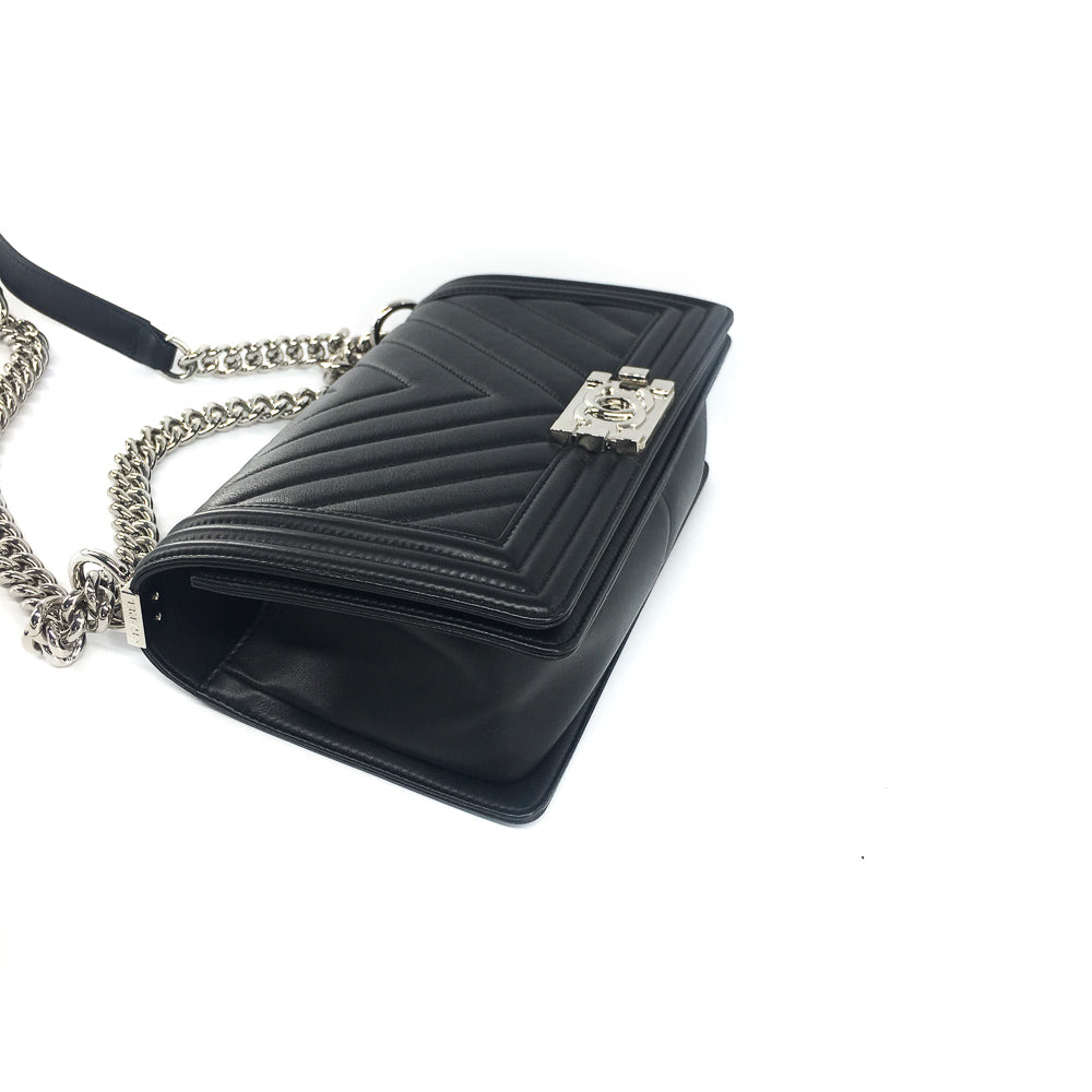 Le Boy Chevron Calfskin Flap Bag with Shiny Silver Hardware
