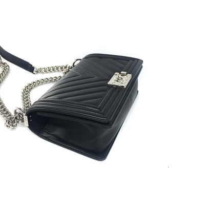 Le Boy Chevron Calfskin Flap Bag with Shiny Silver Hardware