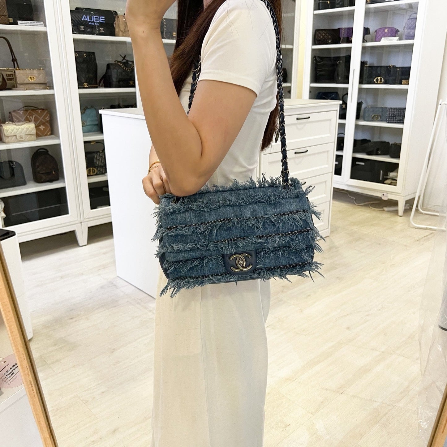 Chanel 15C Flap Bag with Fringe in Blue Denim, Calfskin and SHW (Model: A92708)