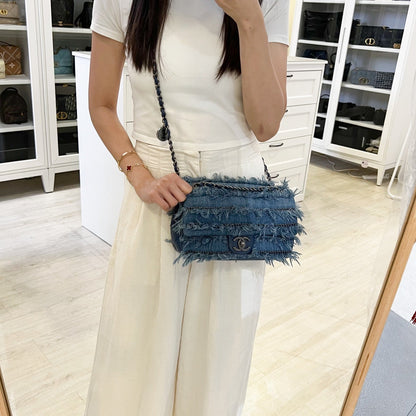 Chanel 15C Flap Bag with Fringe in Blue Denim, Calfskin and SHW (Model: A92708)