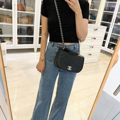 Chanel Seasonal Medium Top Handle Full Flap Bag with Chain Strap in Black Calfskin and SHW