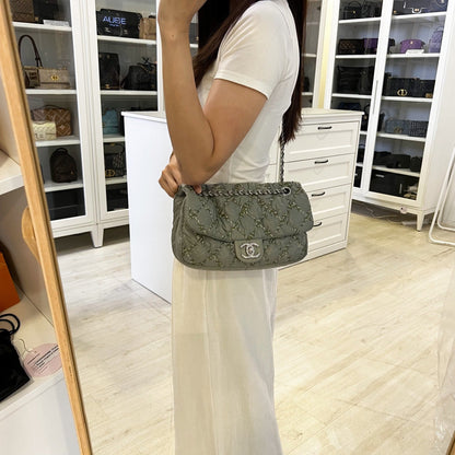 Chanel Tweed On Stitch Bubble Accordion Flap in Greenish Grey Nylon and SHW