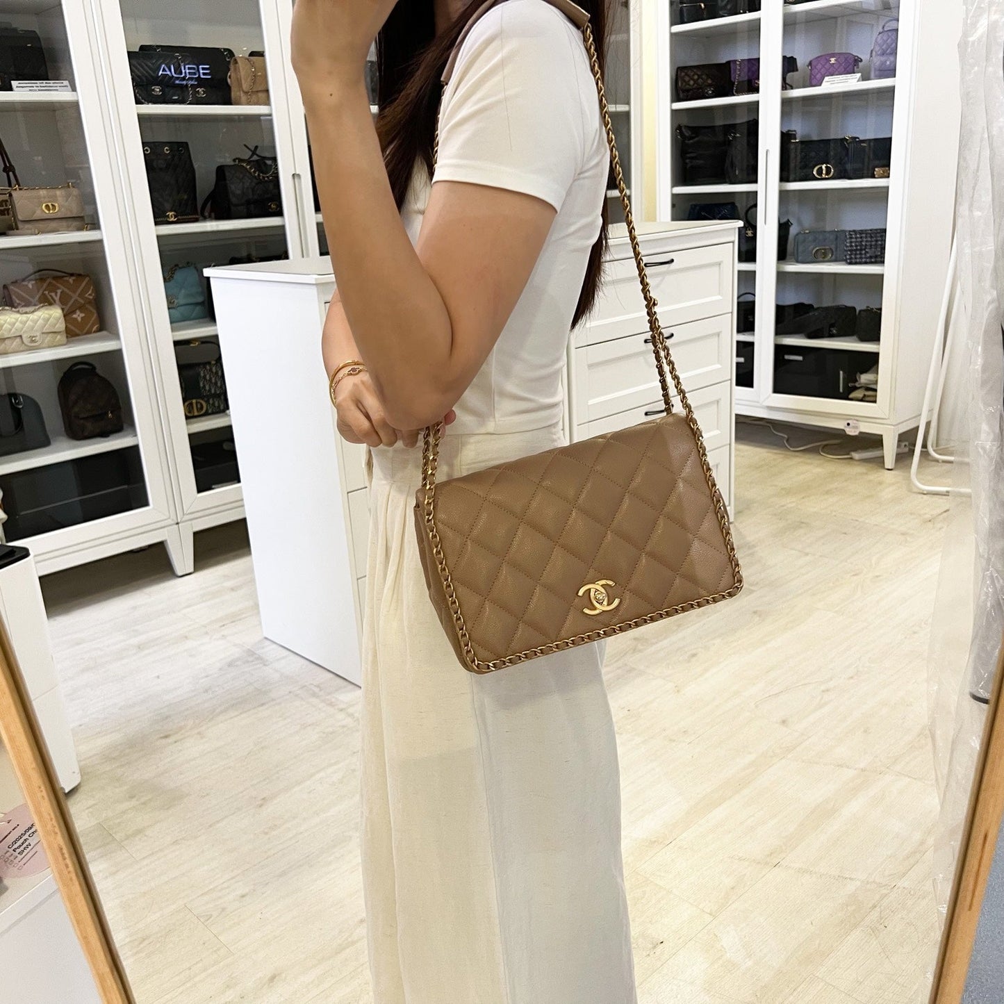 Chanel 22B Never Ending Chain Flap in Milk Tea Beige Caviar and AGHW (Model: AS3468)