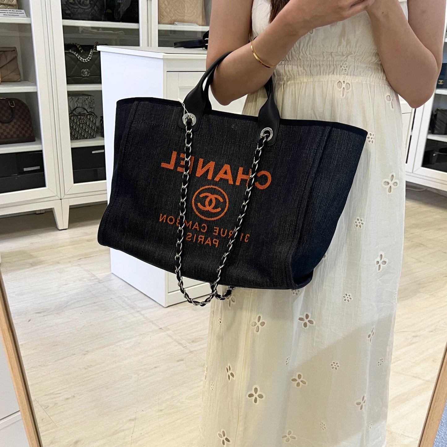Chanel Medium / Large Deauville Tote in Denim Fabric, Navy Leather Trim and SHW (Model: A66941)