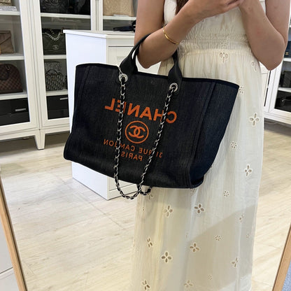 Chanel Medium / Large Deauville Tote in Denim Fabric, Navy Leather Trim and SHW (Model: A66941)