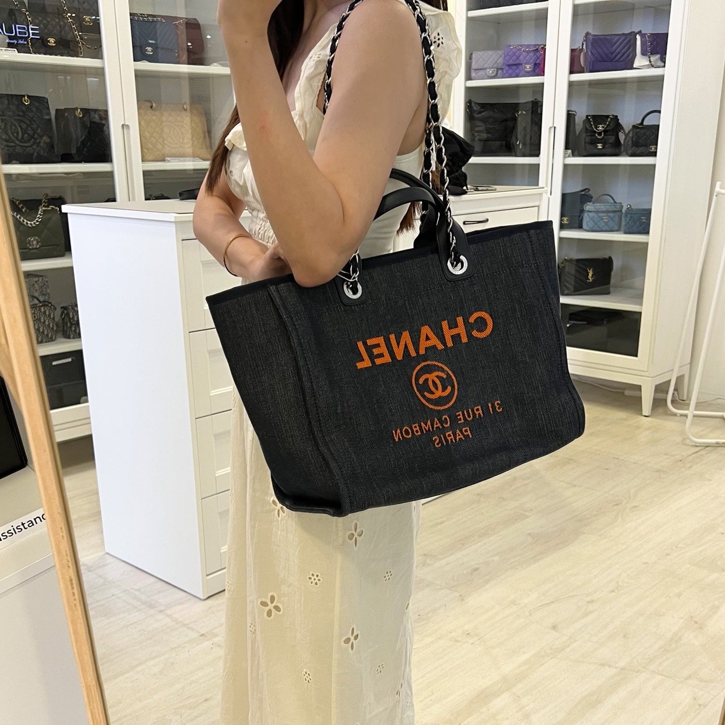 Chanel Medium / Large Deauville Tote in Denim Fabric, Navy Leather Trim and SHW (Model: A66941)