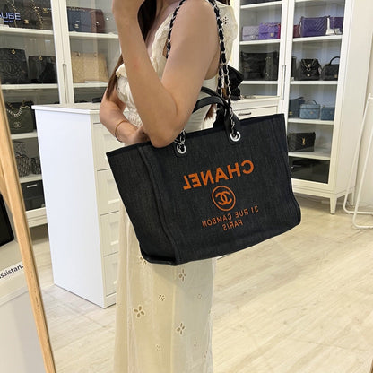Chanel Medium / Large Deauville Tote in Denim Fabric, Navy Leather Trim and SHW (Model: A66941)