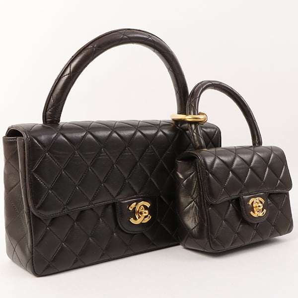 Chanel Around 1995 Made Classic Flap Handbag With Micro Bag Black