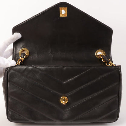 CHANEL Around 1995 Made Chevron Stitch V Flap Turn-Lock Chain Bag Black