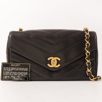 CHANEL Around 1995 Made Chevron Stitch V Flap Turn-Lock Chain Bag Black