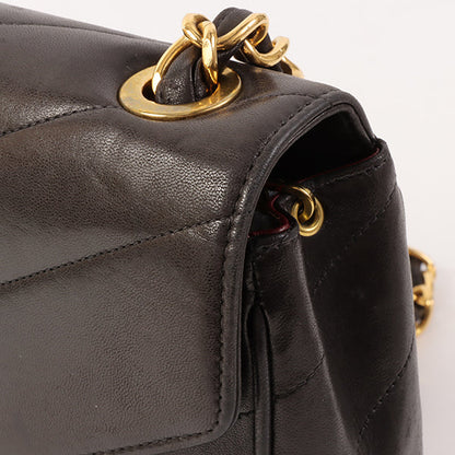 CHANEL Around 1995 Made Chevron Stitch V Flap Turn-Lock Chain Bag Black