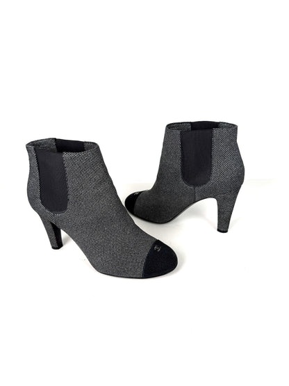 CHANEL Black Silver Tweed CC Logo Ankle Booties Boots 40 9.5