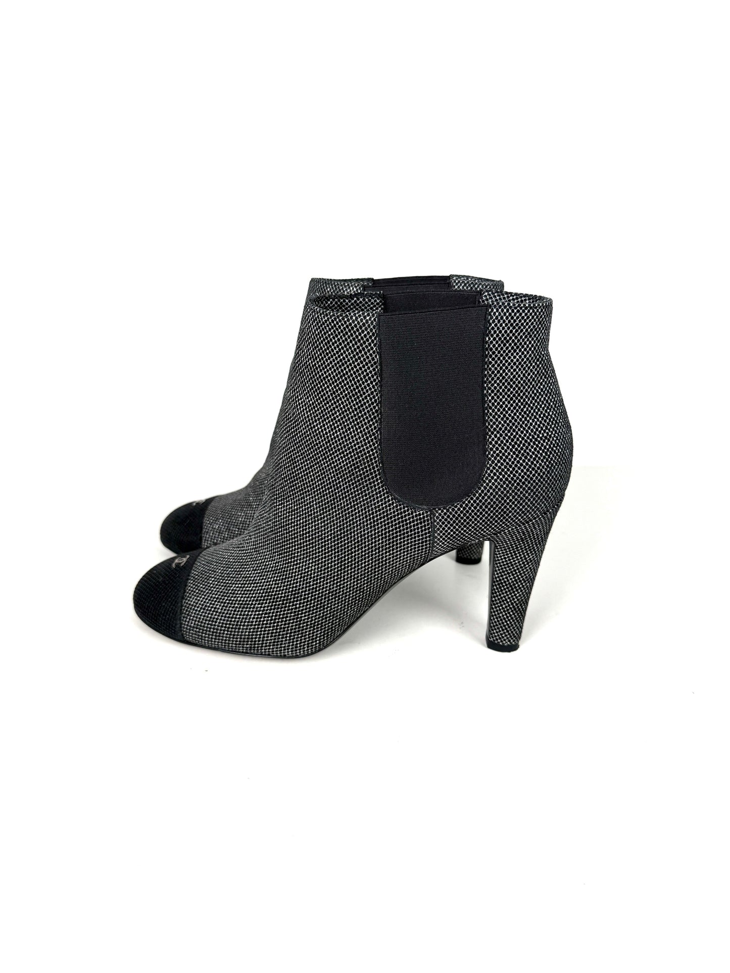 CHANEL Black Silver Tweed CC Logo Ankle Booties Boots 40 9.5