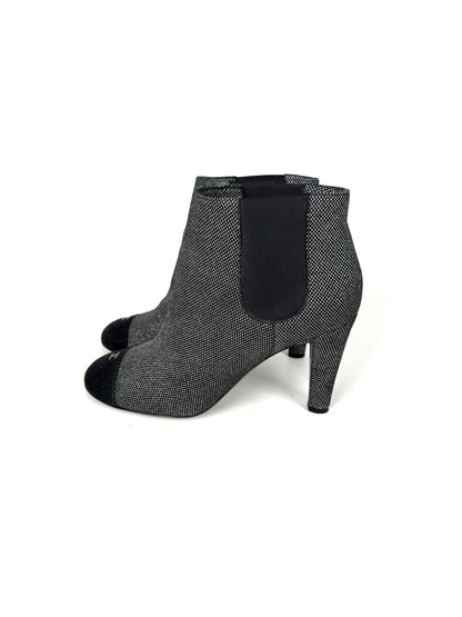 CHANEL Black Silver Tweed CC Logo Ankle Booties Boots 40 9.5