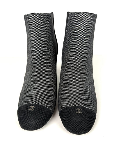 CHANEL Black Silver Tweed CC Logo Ankle Booties Boots 40 9.5