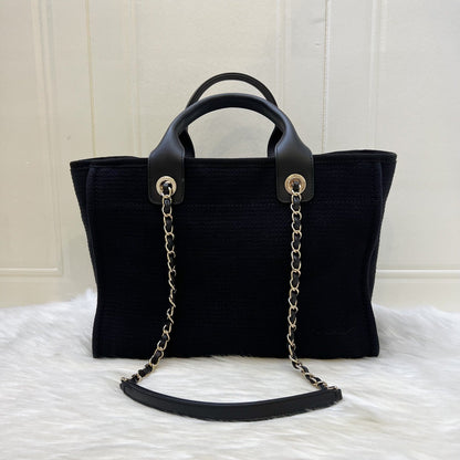 Chanel Small Deauville Shopping Tote in Black Fabric, Black Leather and LGHW