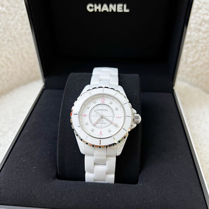[Serviced for $1380 in Feb 2026] Chanel Limited Edition "Pink Light" J12 Watch 38mm Automatic Movement with 8 Diamonds in White Ceramic Bracelet and Steel (Model: H4864)
