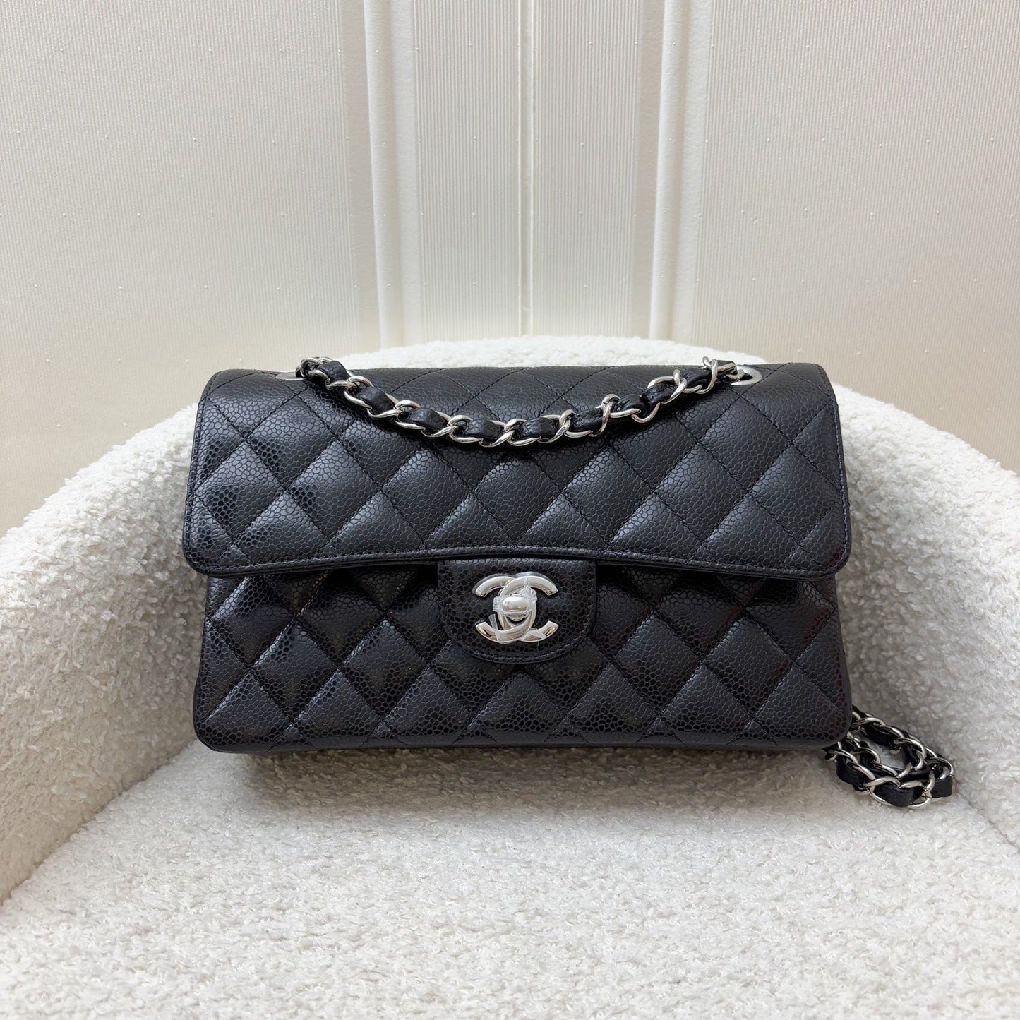 Chanel Small Classic Flap CF in Black Caviar and SHW (Model: A01113)