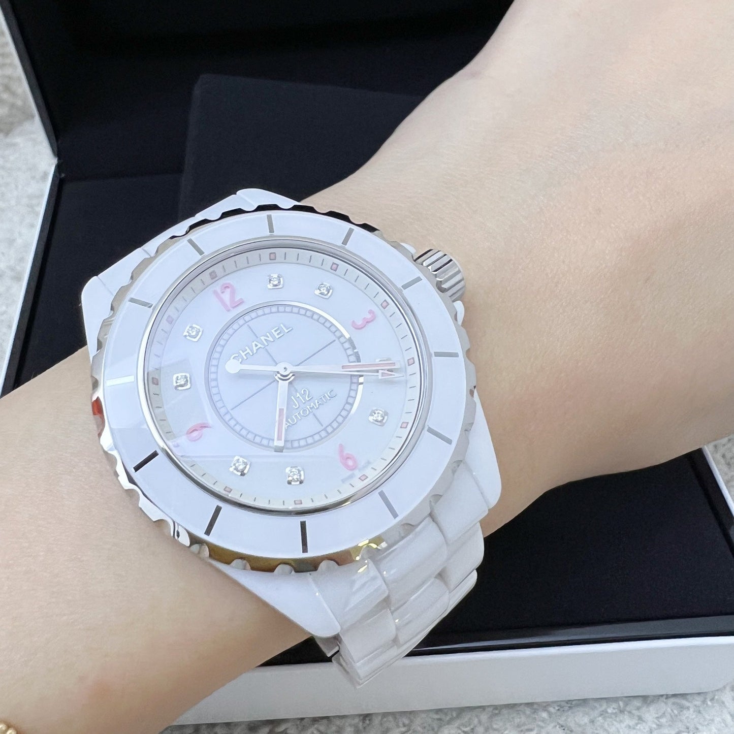 [Serviced for $1380 in Feb 2026] Chanel Limited Edition "Pink Light" J12 Watch 38mm Automatic Movement with 8 Diamonds in White Ceramic Bracelet and Steel (Model: H4864)