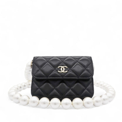 Quilted Maxi Pearls  Holder Flap With Chain Black