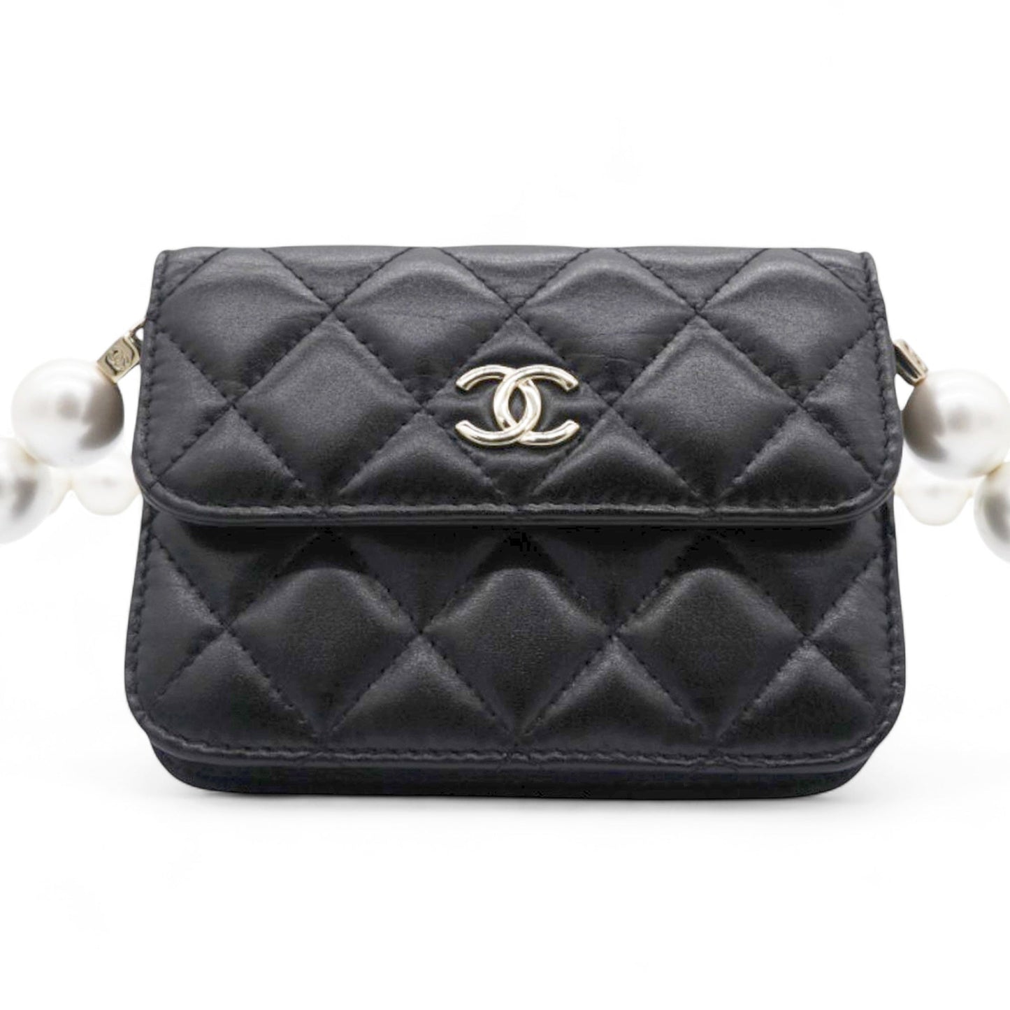 Quilted Maxi Pearls Card Holder Flap With Chain Black