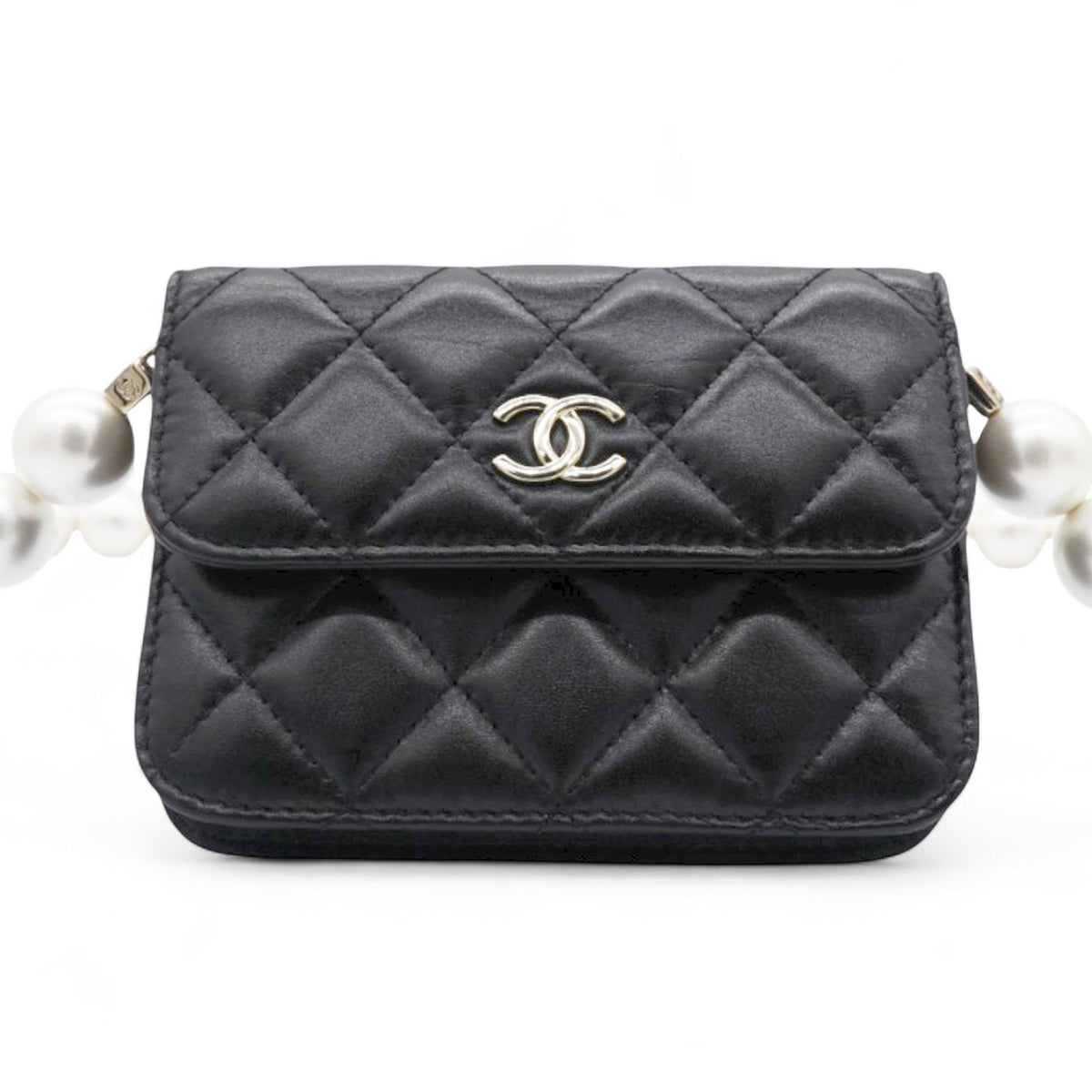 Quilted Maxi Pearls  Holder Flap With Chain Black