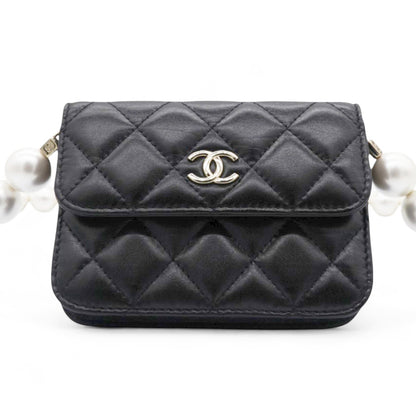Quilted Maxi Pearls  Holder Flap With Chain Black