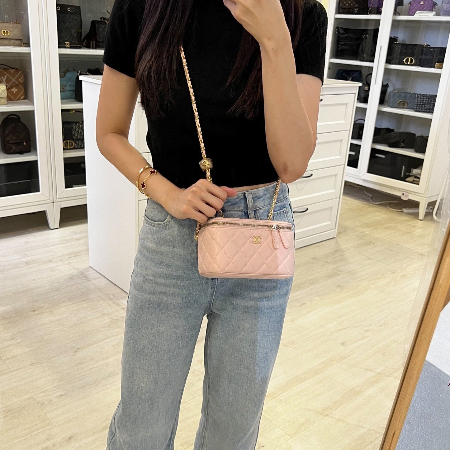 Chanel Pearl Crush Adjustable Chain Vanity in 23B Pink Lambskin and AGHW
