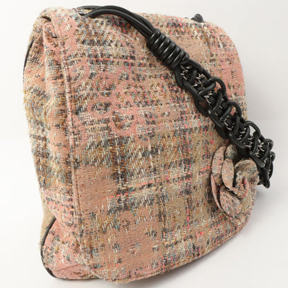 Chanel Around 2005 Made Tweed Camellia Design Chain Shoulder Bag Pink/Multi
