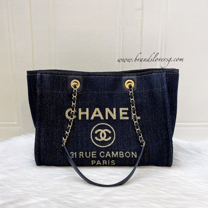 Chanel Deauville Medium Tote in Navy Fabric, Glittery Threading and LGHW