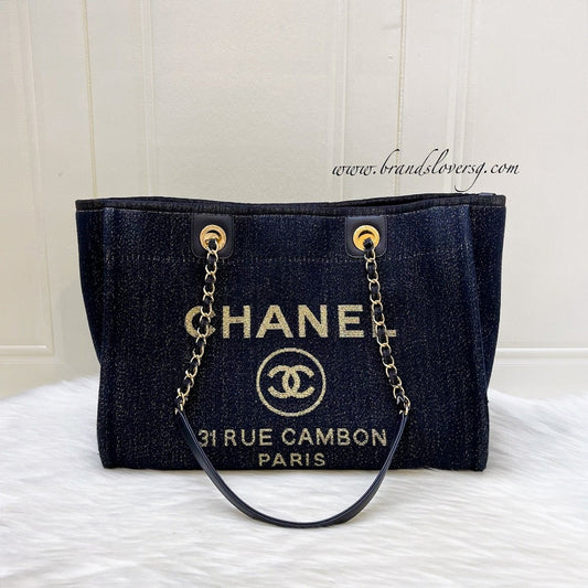 Chanel Deauville Medium Tote in Navy Fabric, Glittery Threading and LGHW