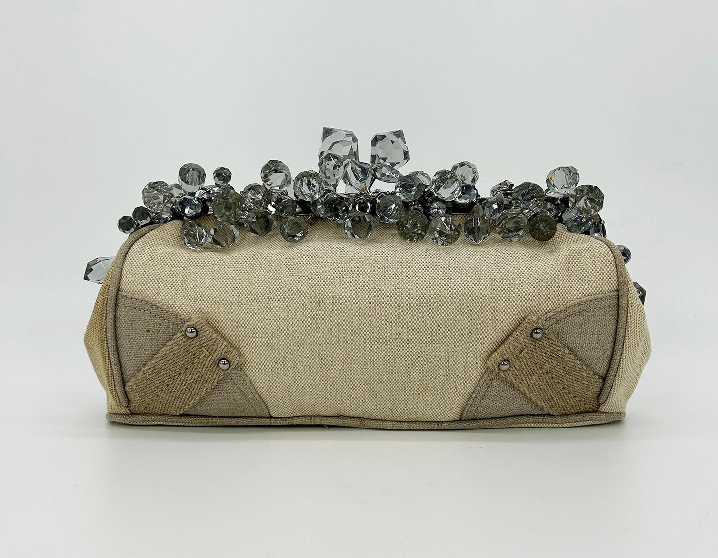 PRADA Mistolino Natural Canvas Crystal Beaded Top Pochette