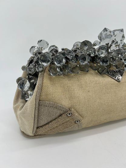 PRADA Mistolino Natural Canvas Crystal Beaded Top Pochette