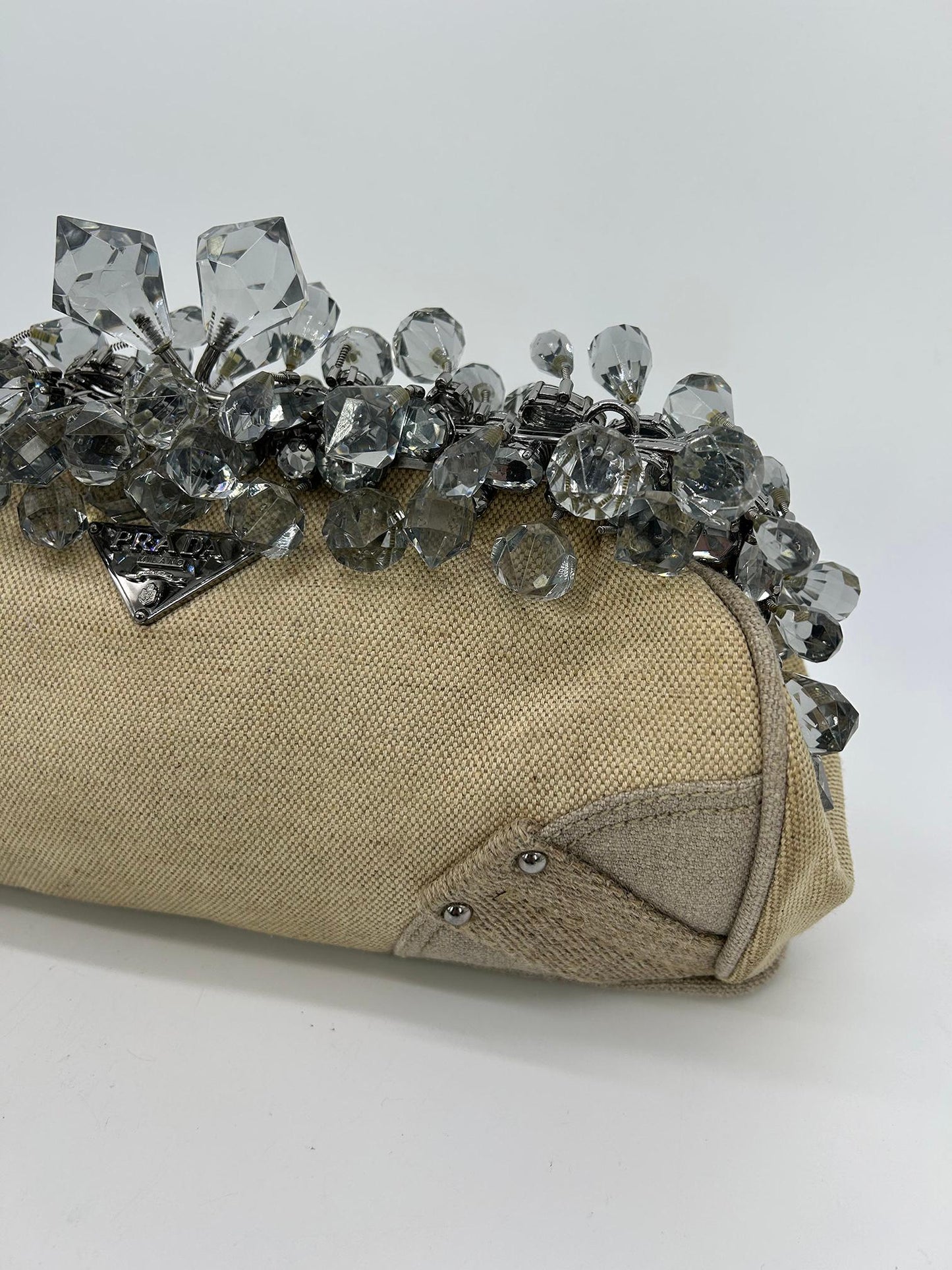 PRADA Mistolino Natural Canvas Crystal Beaded Top Pochette