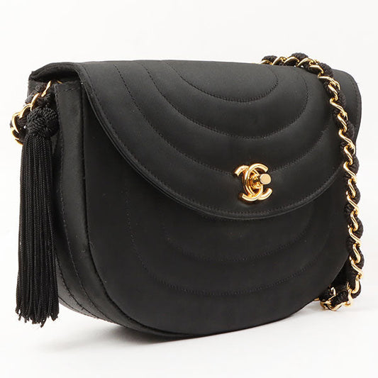 Chanel Silk Satin Round Flap Turn-Lock Fringe Chain Bag Black