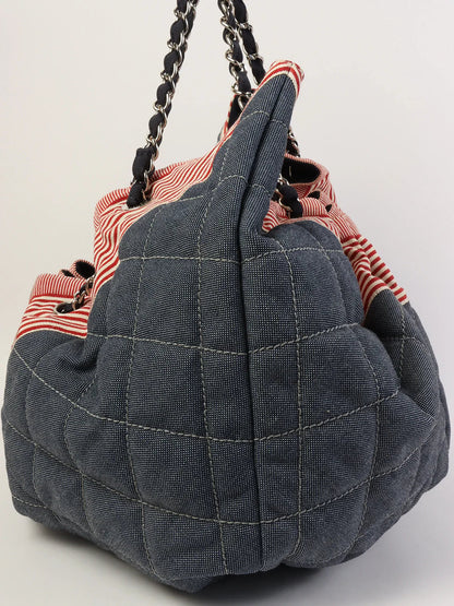 Chanel Around  Made Denim Cc Mark Stitch Tote Bag Indigo/Red