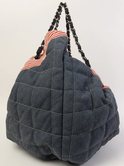 Chanel Around  Made Denim Cc Mark Stitch Tote Bag Indigo/Red