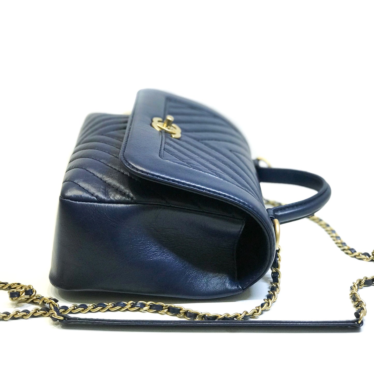Navy Blue Chevron Top Handle Flap in Calfskin Leather
